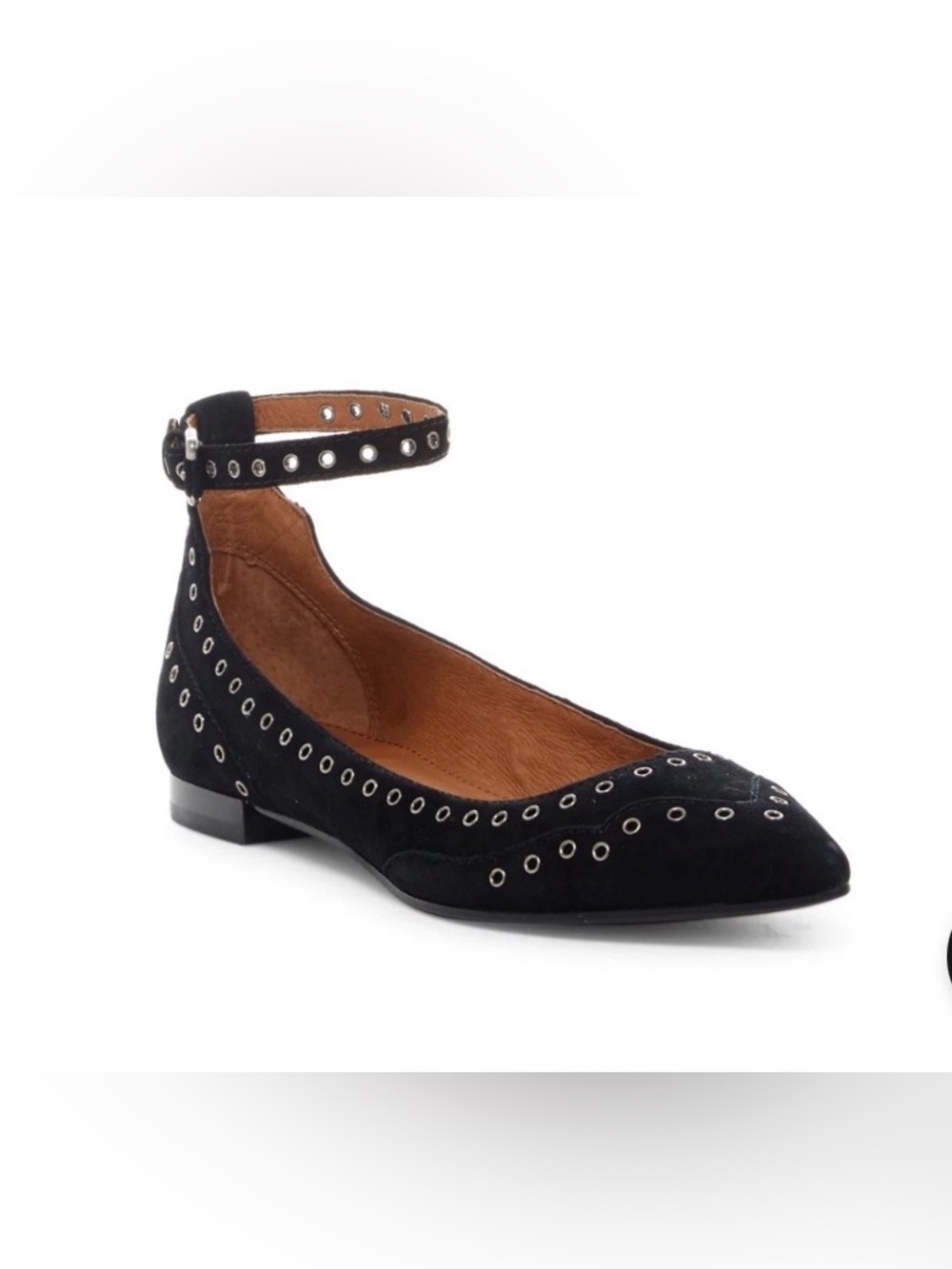 Frye Black Suede Pointed Ankle-Strap Grommet Flats - Women